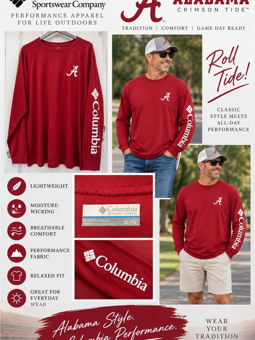 Columbia Men’s Crimson Long Sleeve Performance Shirt with Alabama A Logo XL